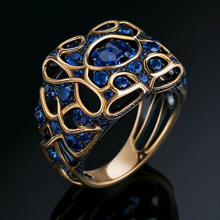 Exotic Dark Blue Crystal Gold Ring