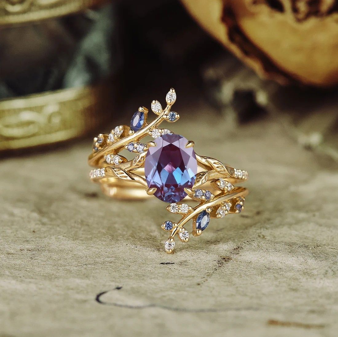 Purple Zirconia Leaf Gold Ring