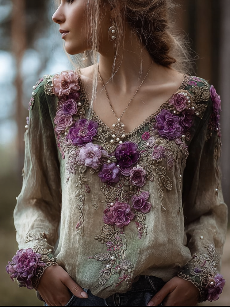 Bohemian Style Round Neck Long Sleeve 3d Purple Flower Design Cotton And Linen Top For Women elevenforest