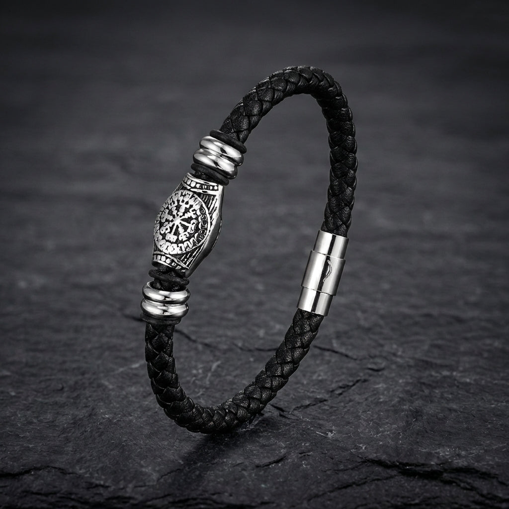 Braided Black Viking Compass Leather Bracelet