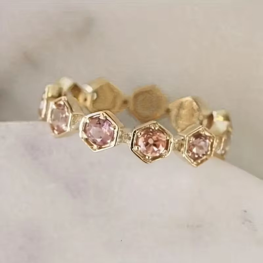 Pink Inlaid Crystalline Fine Gold Ring
