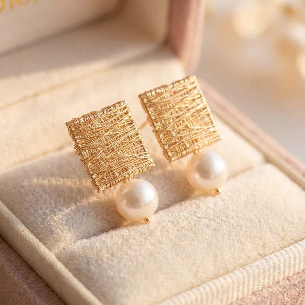 Vintage Golden Threads With Pearls Earrings