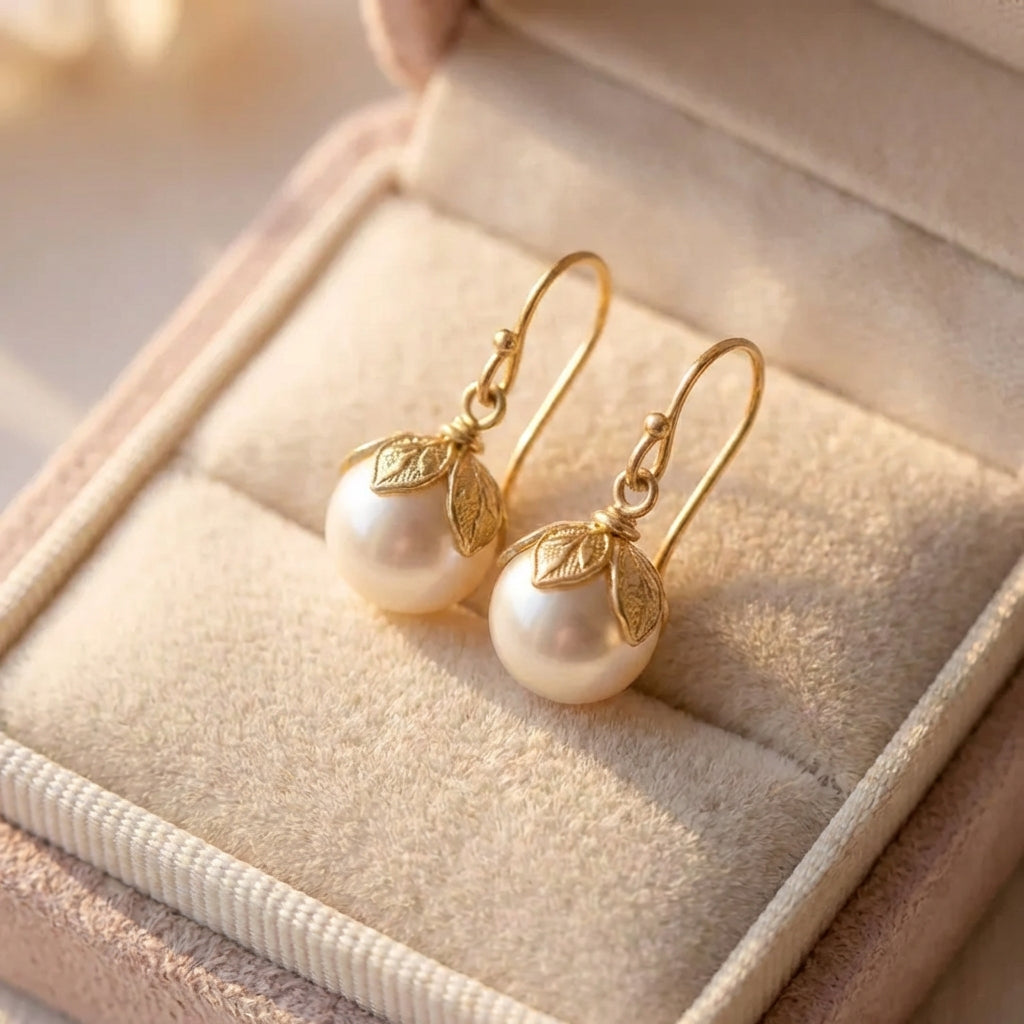 Vintage Gold Leaf Pearl Earrings