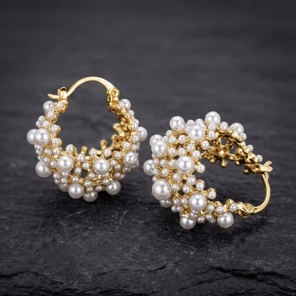 Vintage Gold Pearl Cluster Design Hoop Earrings