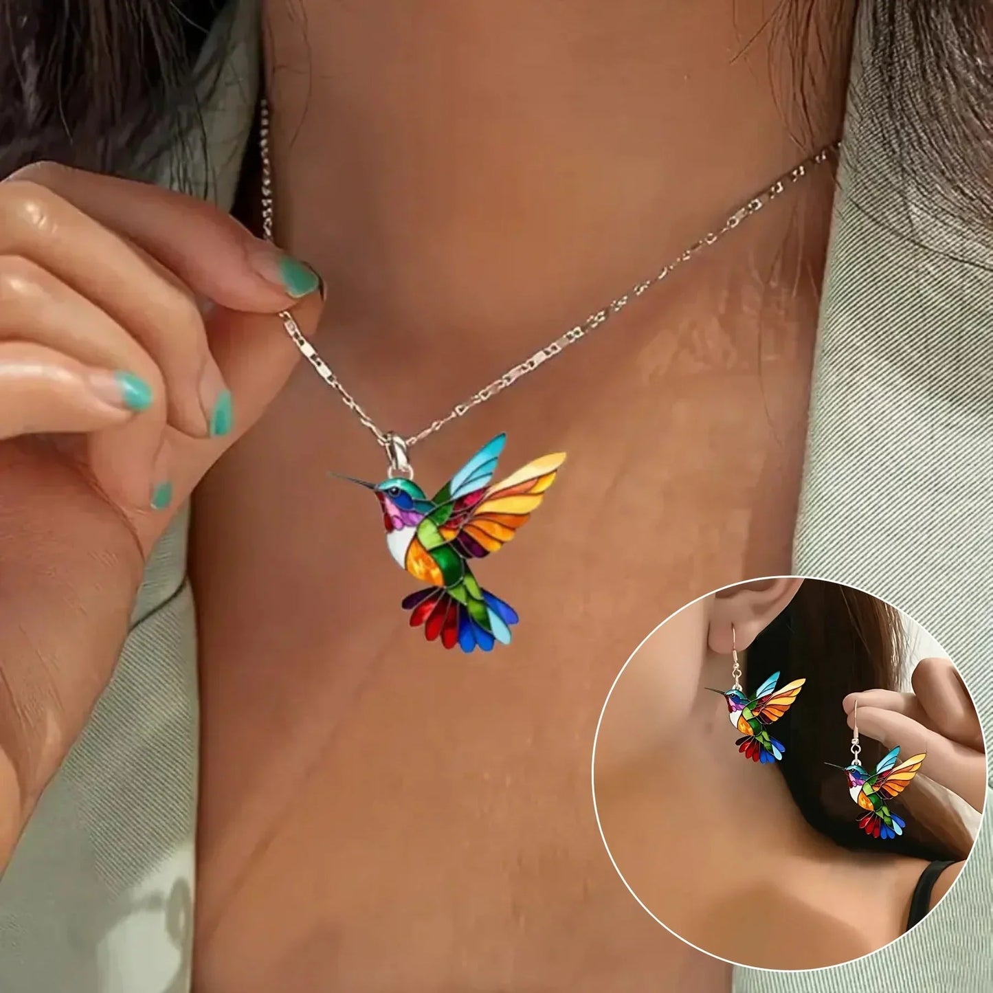 Colorful Hummingbird Necklace With Earrings