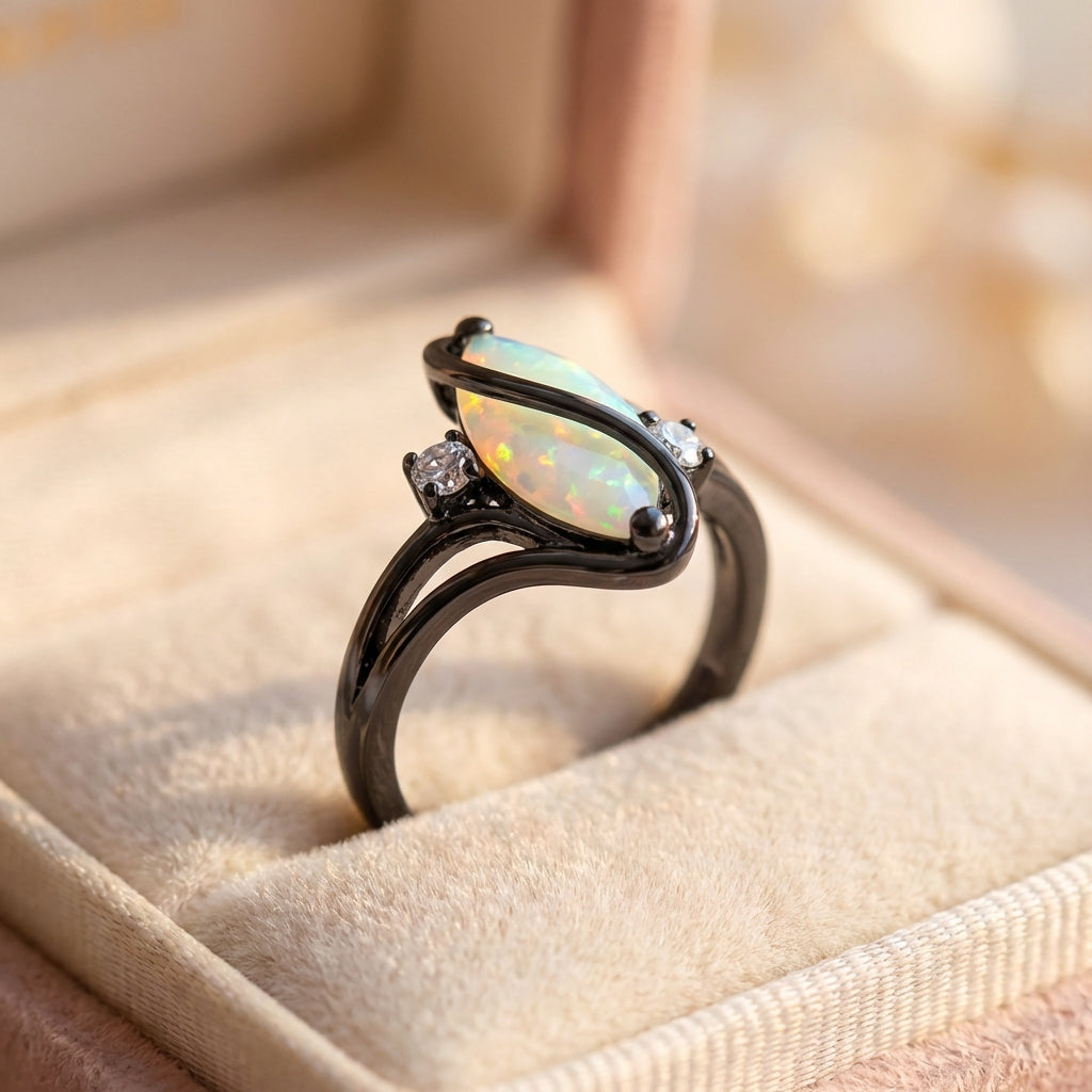 Vintage Black Silver Opal & Crystal Accent Ring