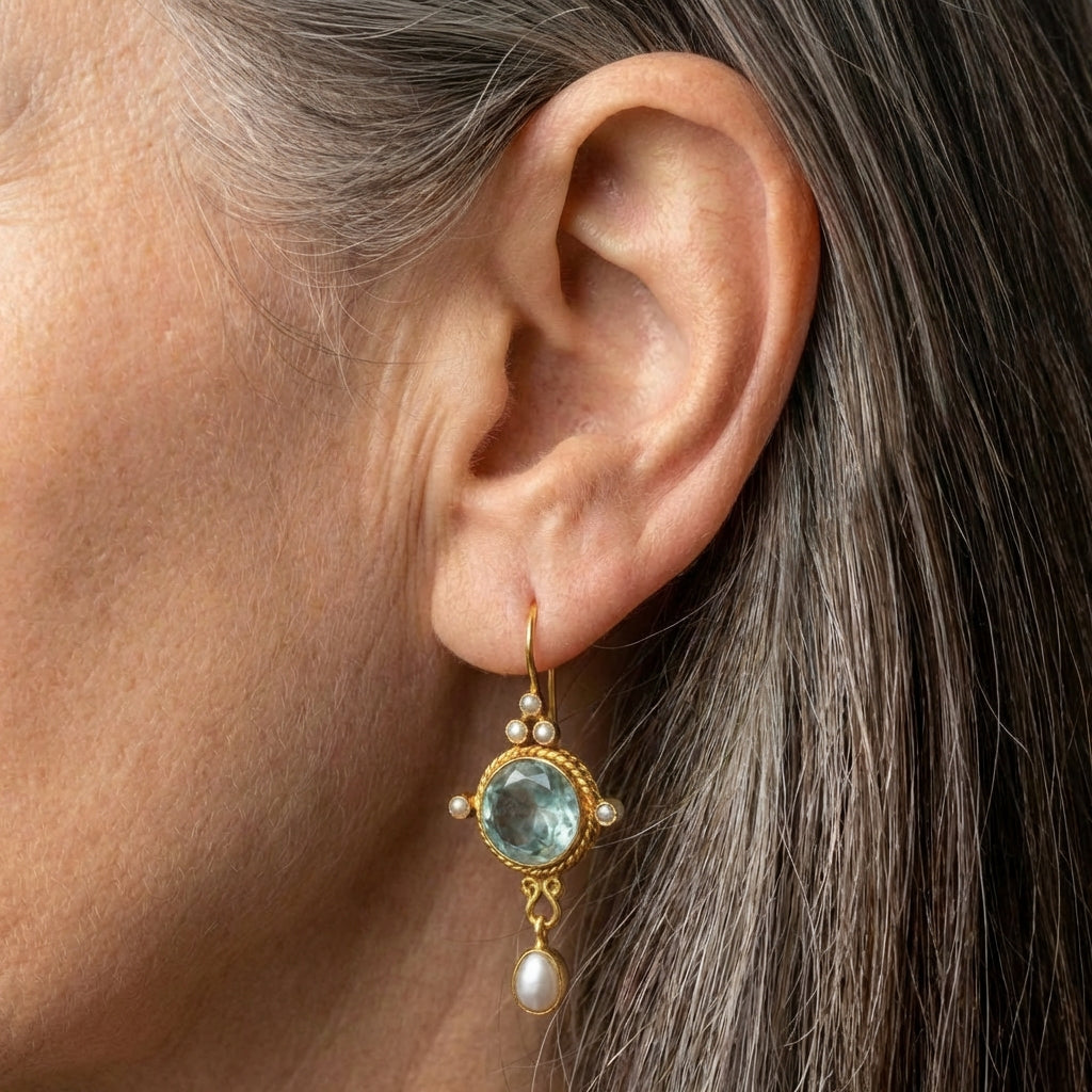 Vintage Blue Glass & Pearl Drop Earrings