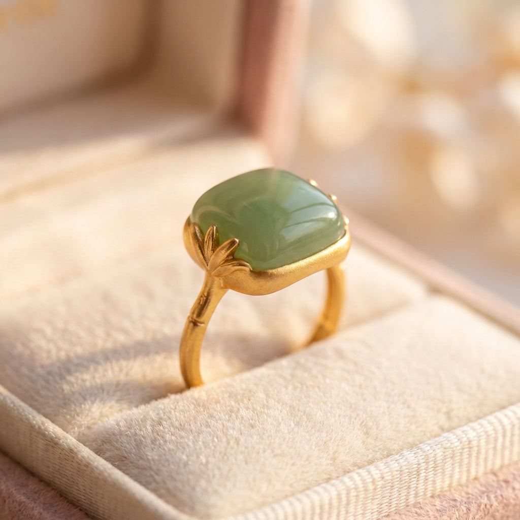 Vintage Gold Green Jade Adjustable Ring