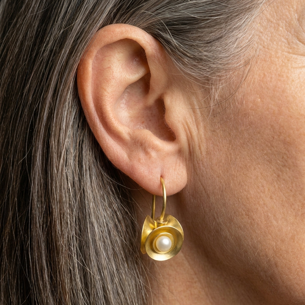 Golden Inlaid Pearl Blossom Earrings