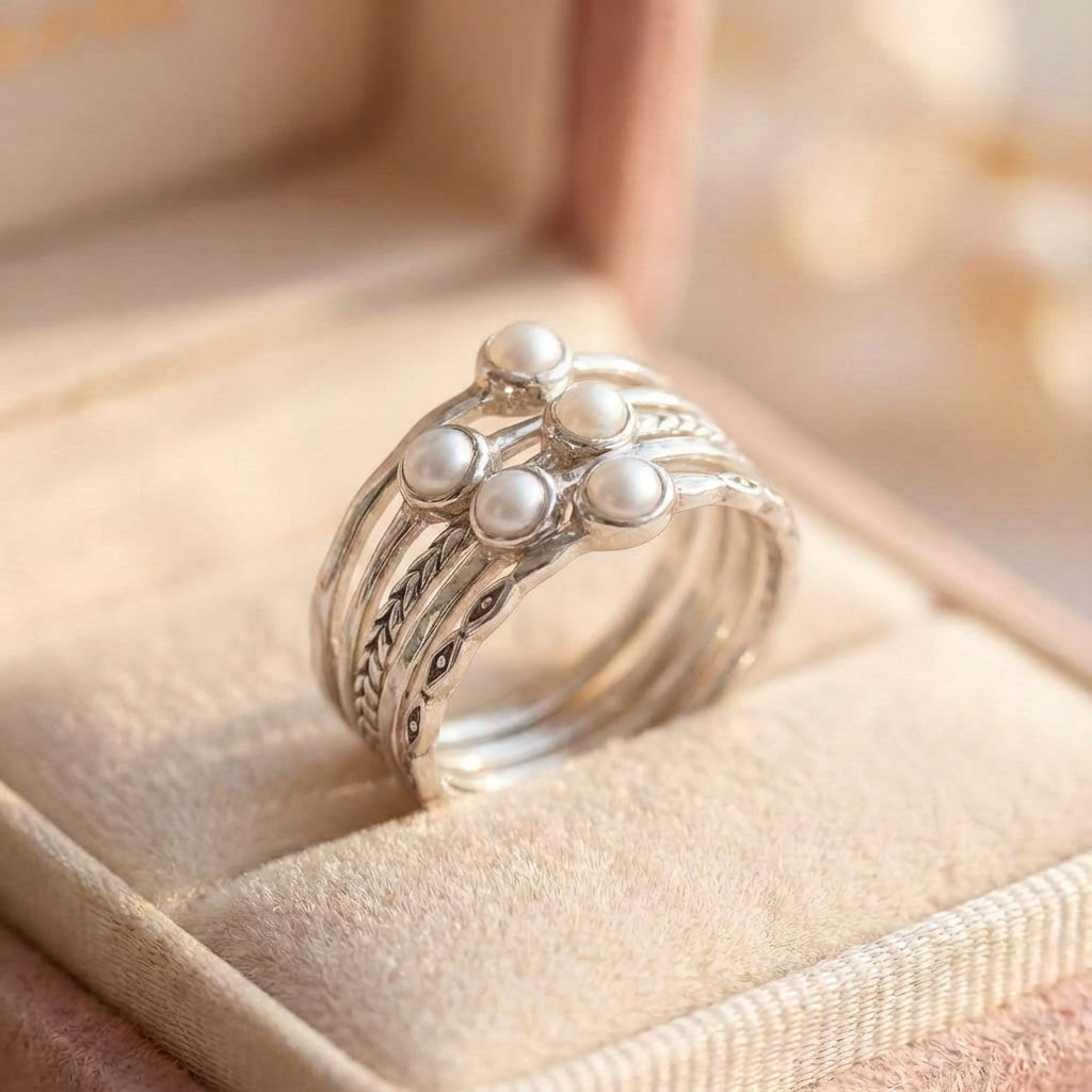 Vintage Inlaid Pearls Layered Silver Ring