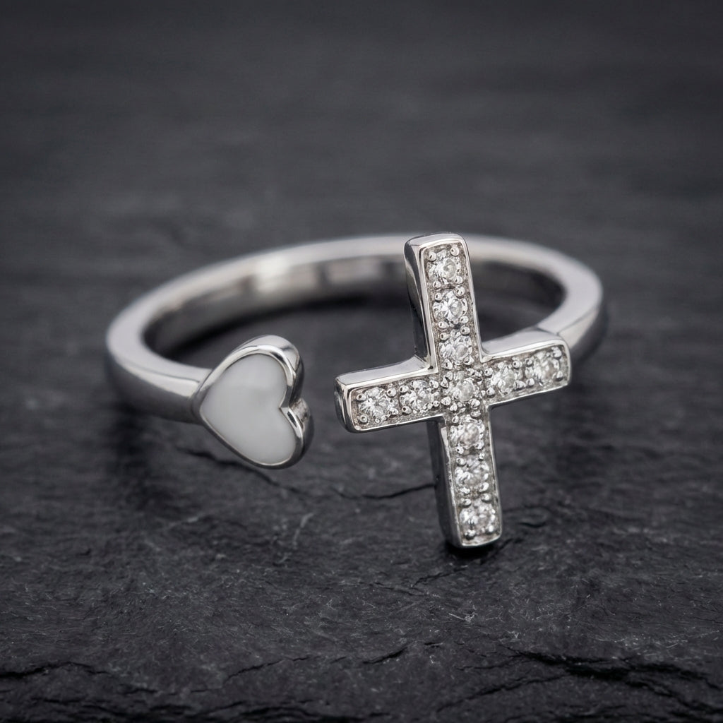 Vintage Love Cross Silver Resizable Ring