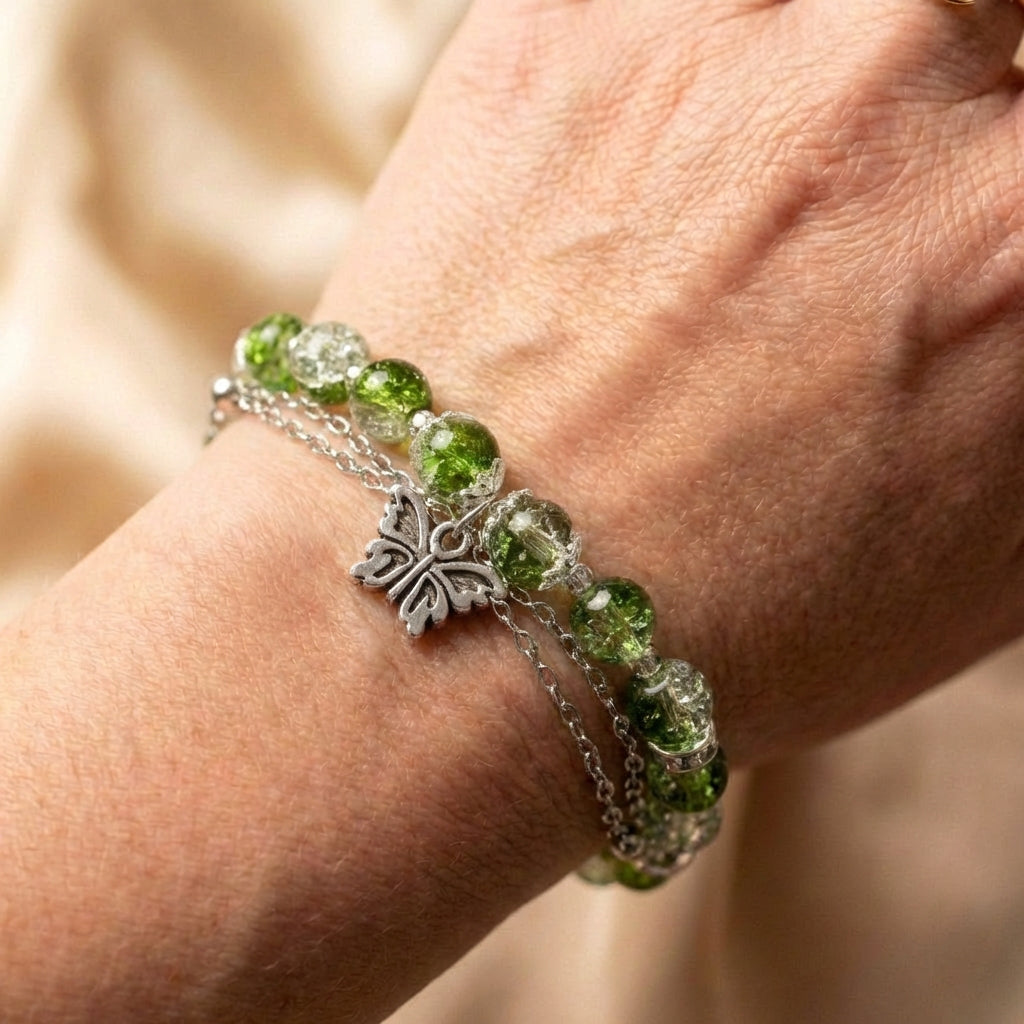 Silver Butterfly & Green Bead Bracelet