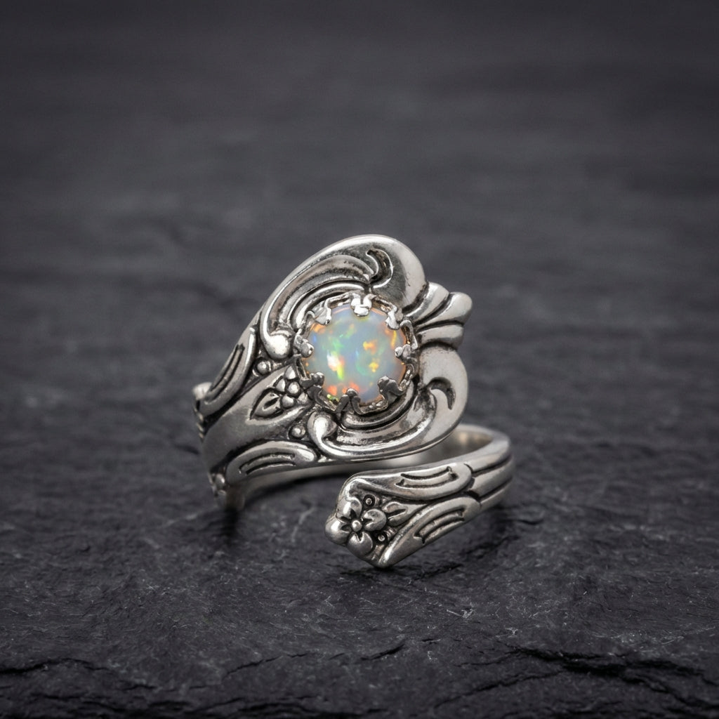 White Opal Spoon Adjustable Ring
