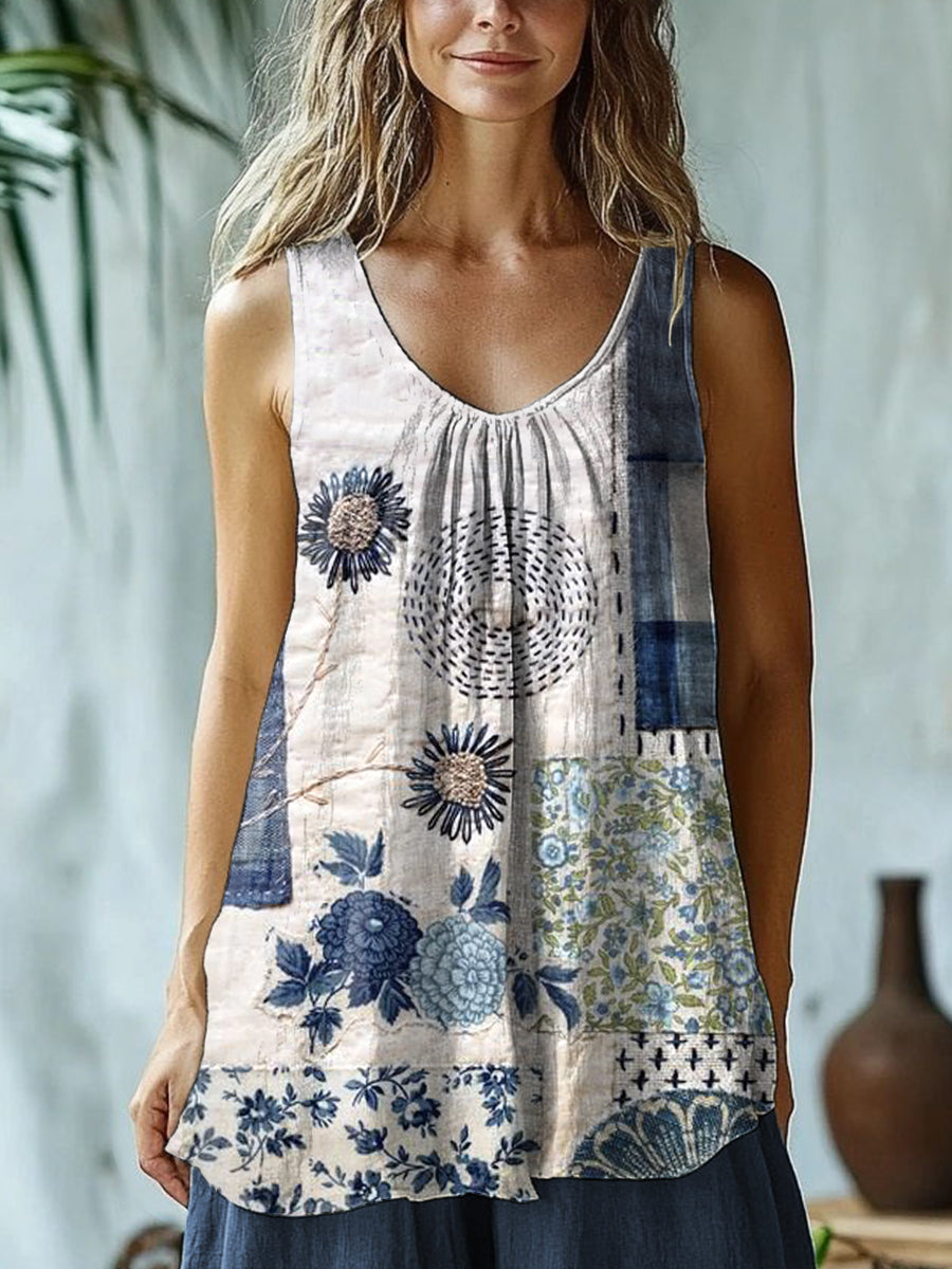 Floral Embroidered Patchwork Linen Blend Tank Top elevenforest