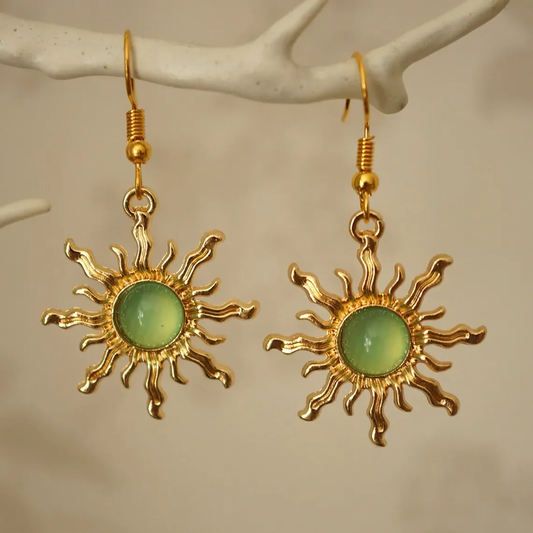 Gold Green Sun Earrings