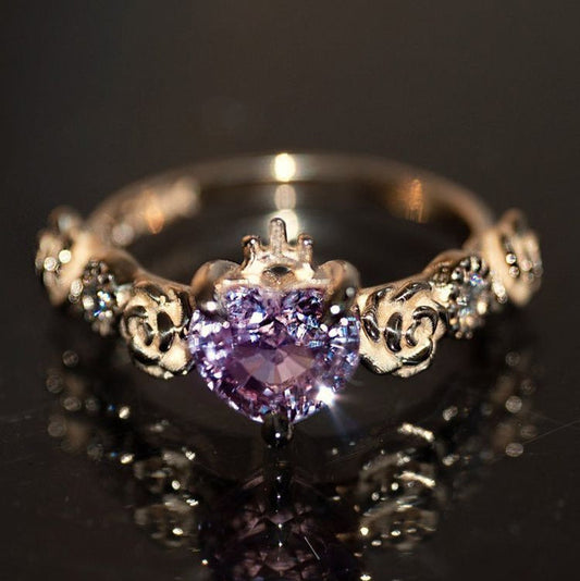 Violet Crystal Heart Crown Gold Ring