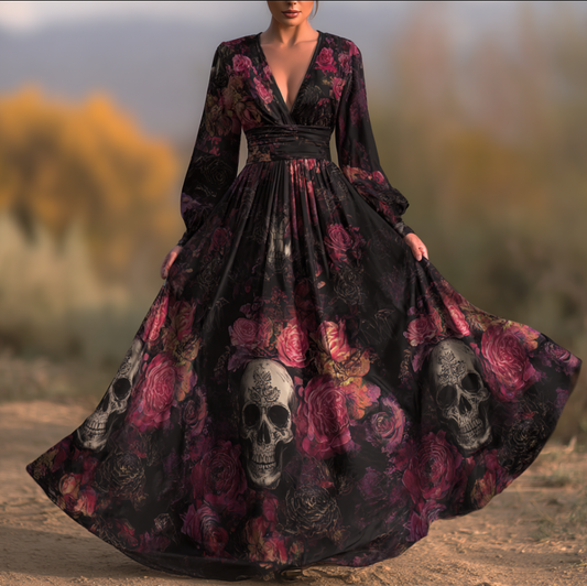 Halloween Theme Rose And Skull Pattern Women's V-neck Long Dress artswardrobe