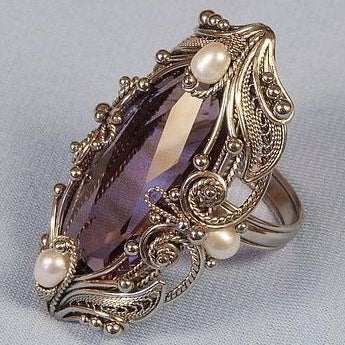 Purple Crystal Pearl Gold Elegant Ring