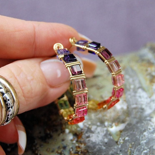 Rainbow Baguette Hoop Earrings