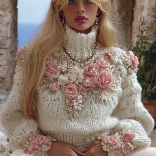 Women's Vintage Floral Casual High-neck Thick Sweater artswardrobe