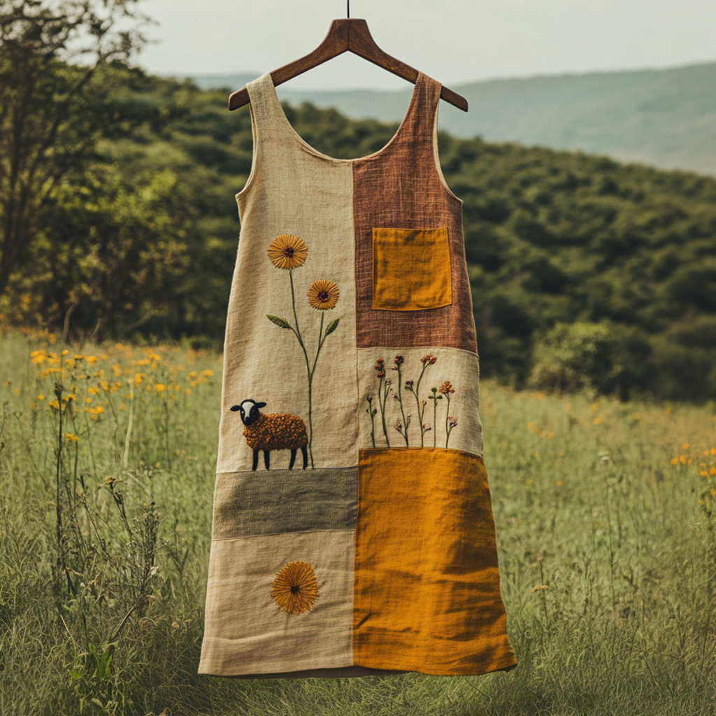 Women's Vintage Sheep Patchwork Print Linen Sleeveless Dress artswardrobe
