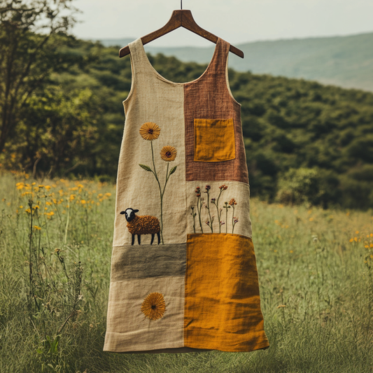 Women's Vintage Sheep Patchwork Print Linen Sleeveless Dress artswardrobe