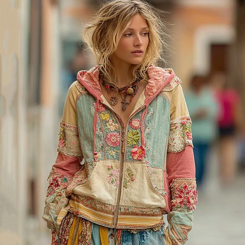 Women's Vintage Bohemian Floral Panel Comfort Warm Zip Hoodie elevenforest