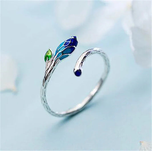 Adjustable Leaf Ring With Blue Enamel In Silver