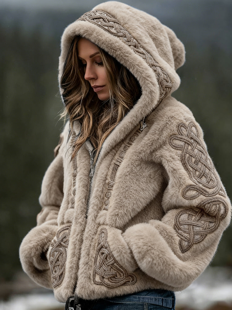 Comstylish Women's Viking Celtic Art Cozy Warm Flannel Hooded Jacket