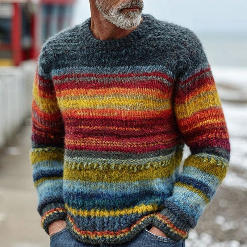 Men's Vintage Rainbow Stripe Knit Jacquard Fairman Island Jacquard Thick Warm Crew Neck Sweater elevenforest