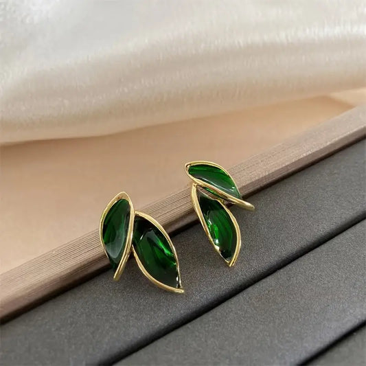 Green Leaf Stud Gold Earrings