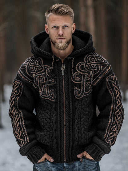 Men's Vintage Viking Celtic Knot Art Chunky Knit Hooded Zip-up Sweater elevenforest