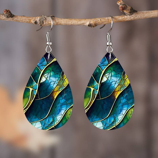 Handpainted Blue Leaf Drop Earrings