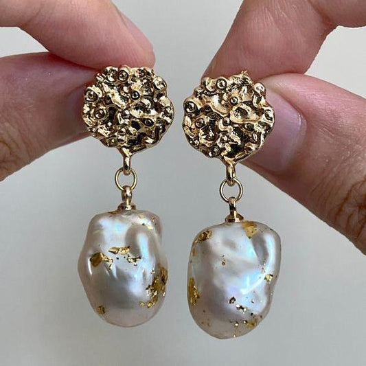 Gold Forged Barroque Pearl Earrings