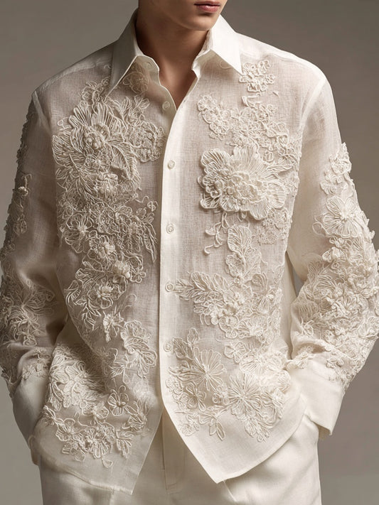 Men's Lace Flowers Embroidered Vintage Linen Blouse elevenforest