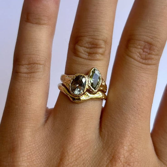 Forged Gold Green Glass Ring Set