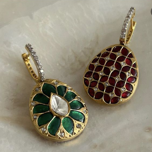 Green & Red Drop Golden Earrings