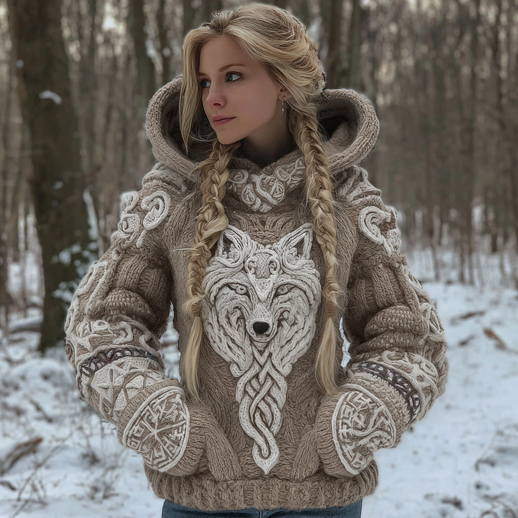 Women's Vintage Viking Wolf Art Knit Hooded Sweater artswardrobe