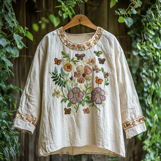 Comstylish Retro Bohemian Floral Embroidery Art Print Cotton And Linen Blend Loose Blouse