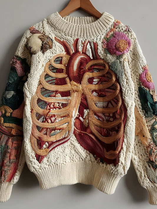 Comstylish Vintage Halloween Human Anatomy Art And Floral Beige Round Neck Sweater