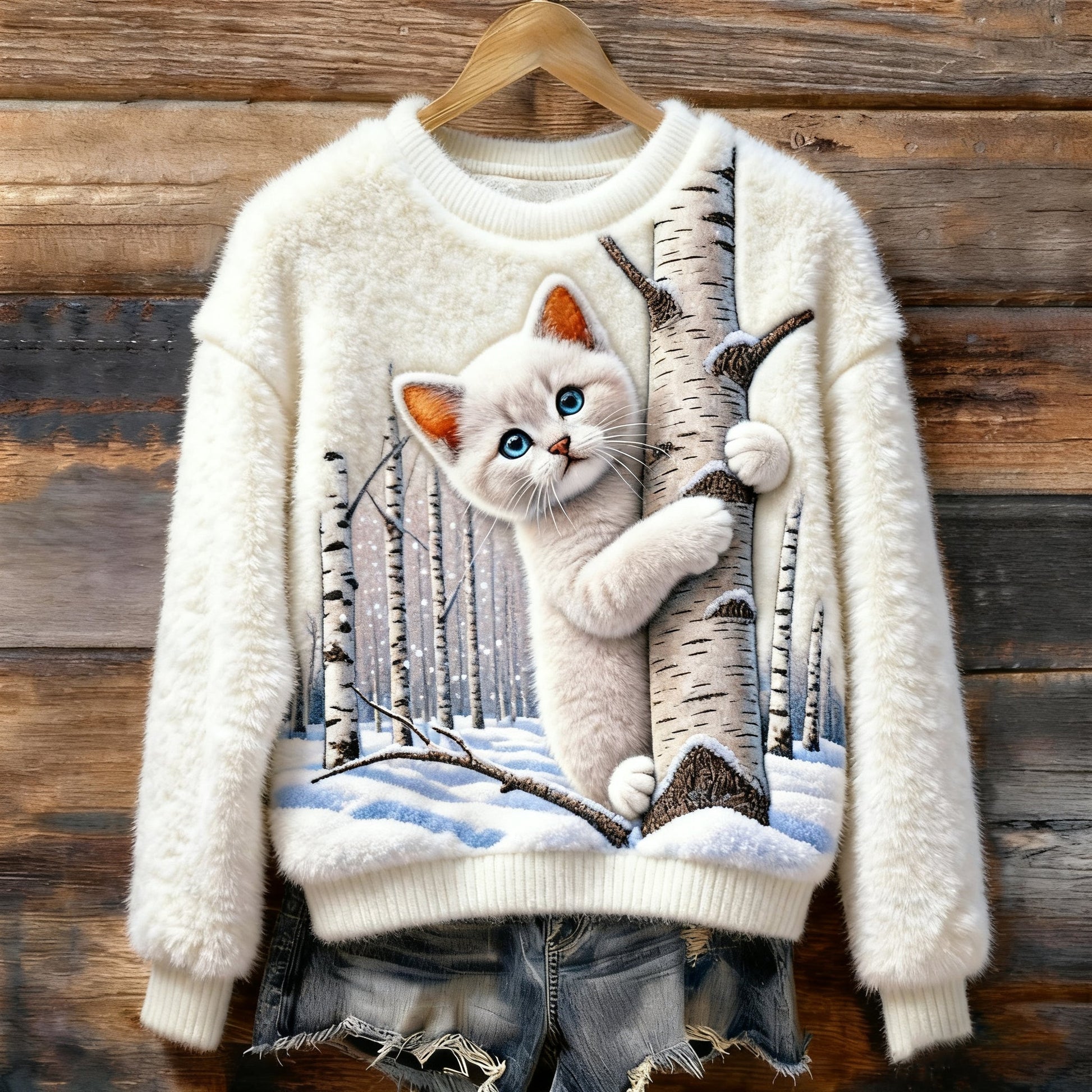Christmas Cat Art Women's Cozy Plush Sweater