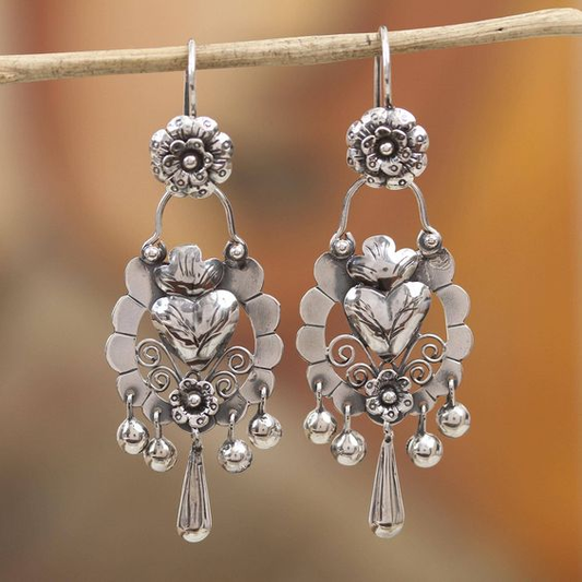 Dangling Silver Heart Flower Earrings