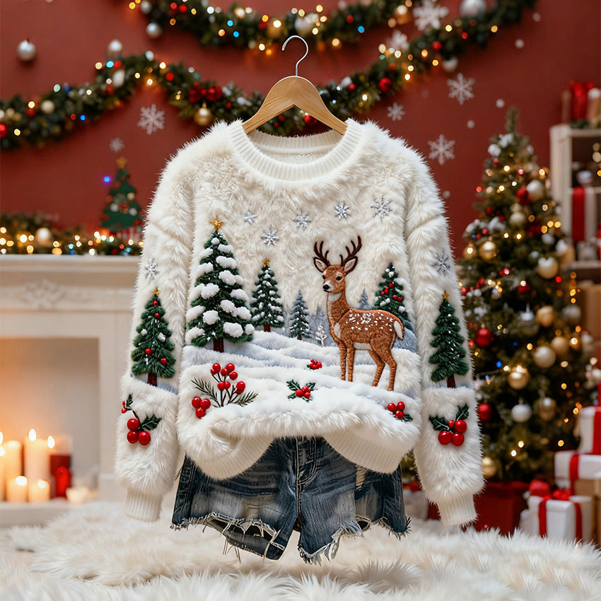 Christmas Snow Scene Reindeer Women's Comfortable Plush Sweater