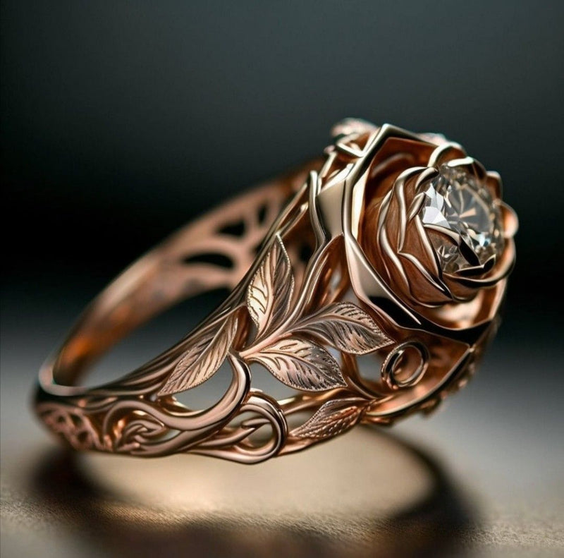 Gold Rose Flower Crystalline Ring