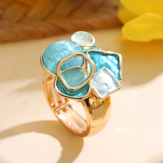 Blue Handpainted Gold Ring