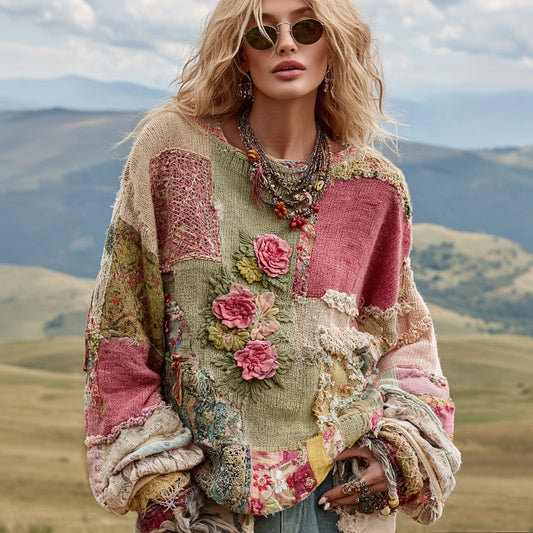 Women's Vintage Floral Embroidery Patchwork Art Print Cozy Knit Sweater artswardrobe
