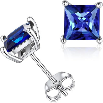 Princess Cut Sapphire Stud Earrings - White Gold