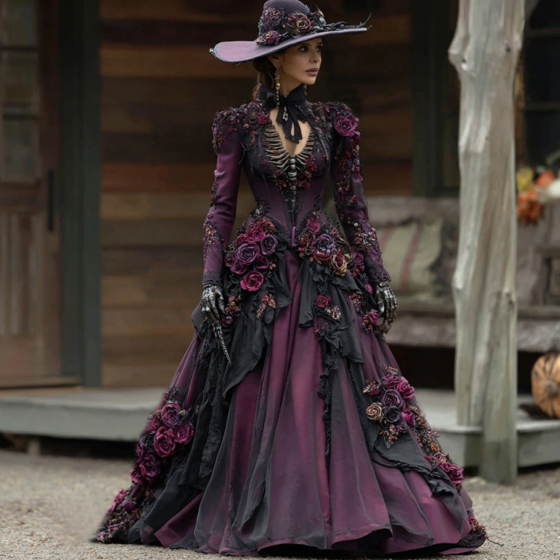 Comstylish Women's Elegant Retro Skull Flower V-neck Long Sleeve Maxi Dress