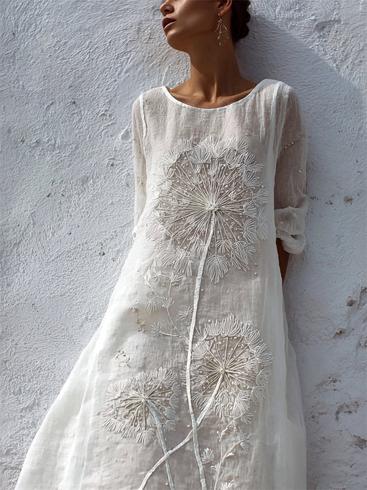 Vintage Classy Dandelion Embroidered Flowy Linen Maxi Dress artswardrobe
