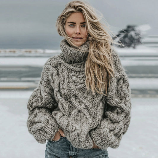 Women's Vintage Island Knit Aran Cozy High Neck Sweater artswardrobe